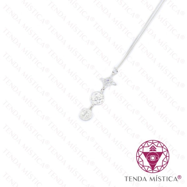 Colar Prata Tripla Proteção Tetragrammaton e S.Bento
