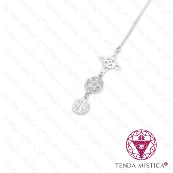 Colar Prata Tripla Proteção Tetragrammaton e S.Bento 16mm