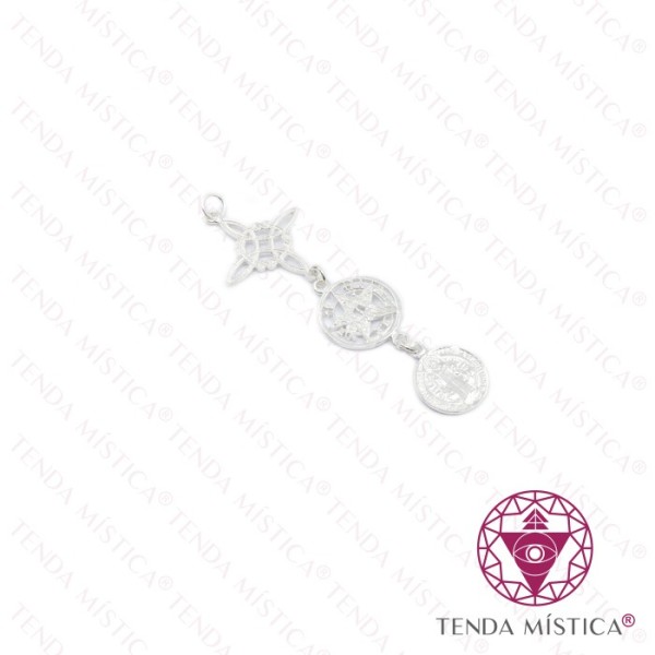 Pendente Prata Tripla Proteção Tetragrammaton e S.Bento 16mm