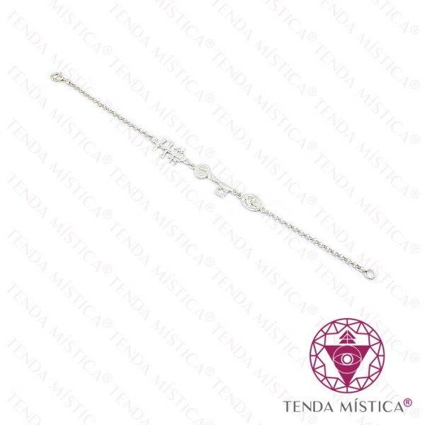 Pulseira Prata Três Proteções Nossa Senhora , Cruz de Caravaca e S.Bento