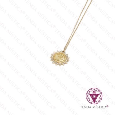 COLAR AÇO REDONDO S. BENTO C/ BRILHANTES DOURADO