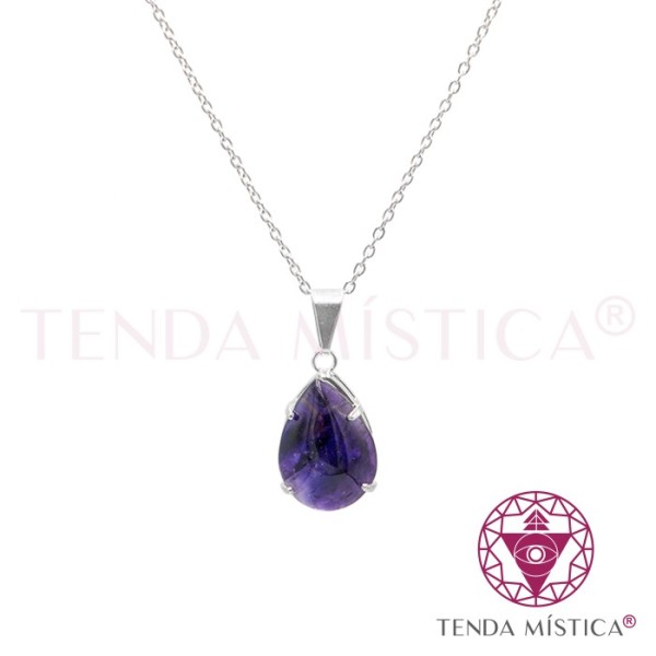 Colar Quartzo Cristal Aço Lagrima Redondo e Topo Prata