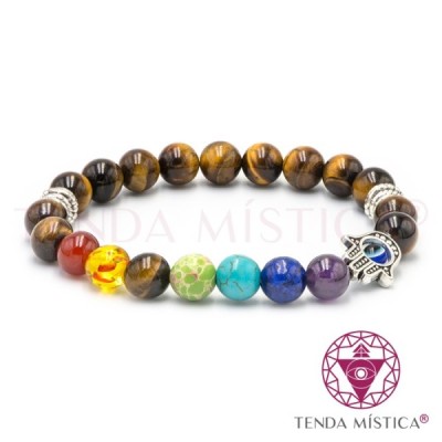 PULSEIRA CHAKRAS HAMSA OLHO TIGRE 8MM