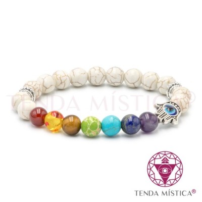 PULSEIRA CHAKRAS HAMSA HOWLITE BRANCA 8MM