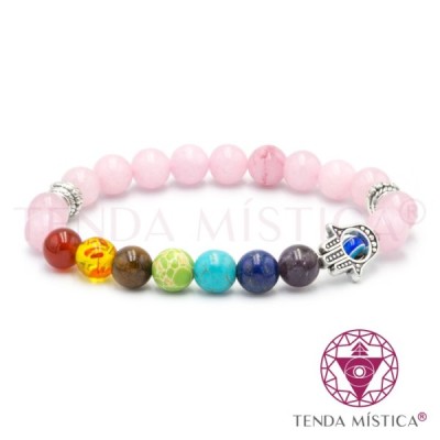 PULSEIRA CHAKRAS HAMSA OLHO GATO ROSA 8MM