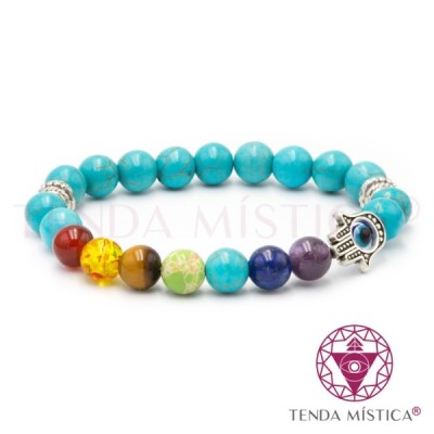 PULSEIRA CHAKRAS HAMSA TURQUESA 8MM