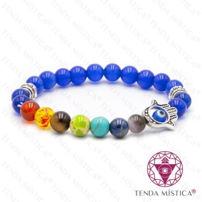 PULSEIRA CHAKRAS HAMSA OLHO GATO AZUL 8MM