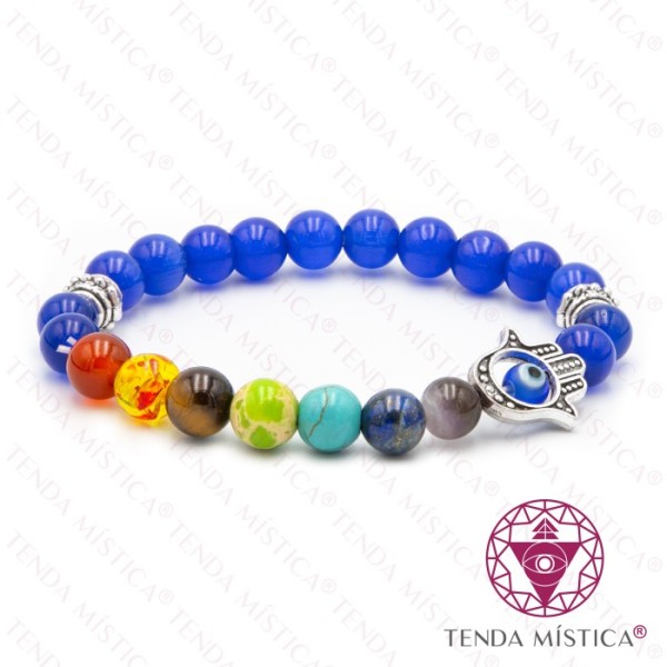 Pulseira Chakras Hamsá Olho de Gato Azul Escuro