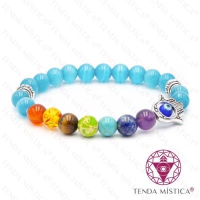 PULSEIRA CHAKRAS HAMSA OLHO AZUL CLARO 8MM