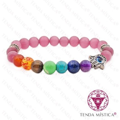 PULSEIRA CHAKRAS HAMSA OLHO GATO ROSA 8MM