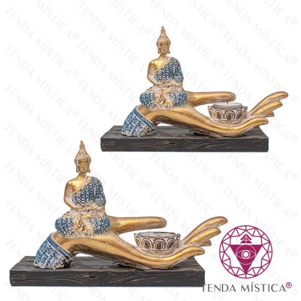 Porta Velas Buddha Sentado Mão Verde