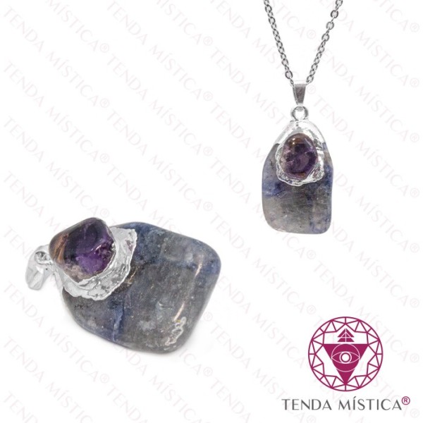 Pendente Sodalite e Ametista Topo Prateado