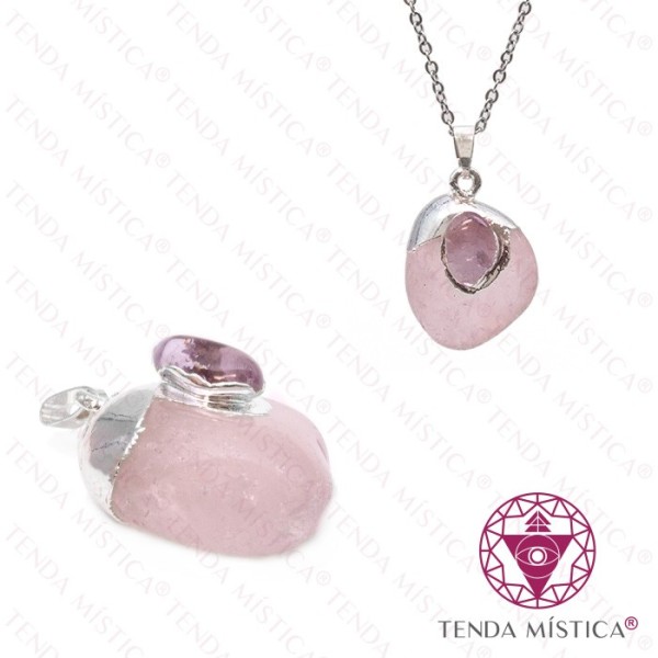 Pendente Quartzo Rosa e Ametista Topo Prata