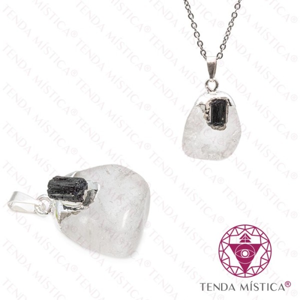 Pendente Quartzo Cristal e Turmalina Topo Prata