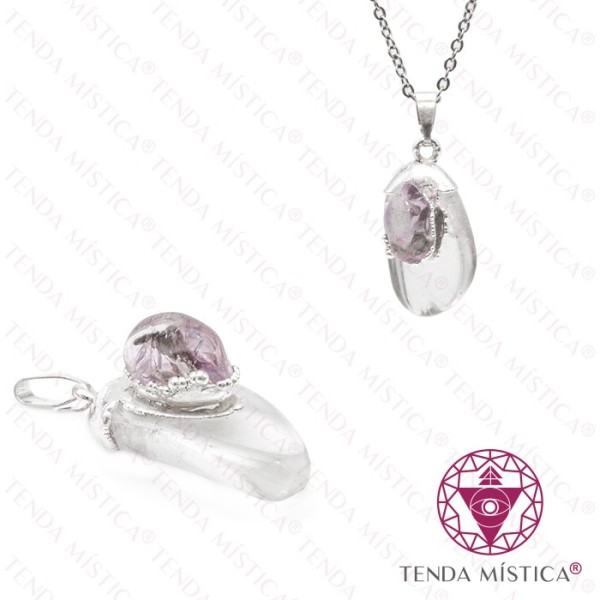 Pendente Quartzo Cristal e Ametista Topo Prata