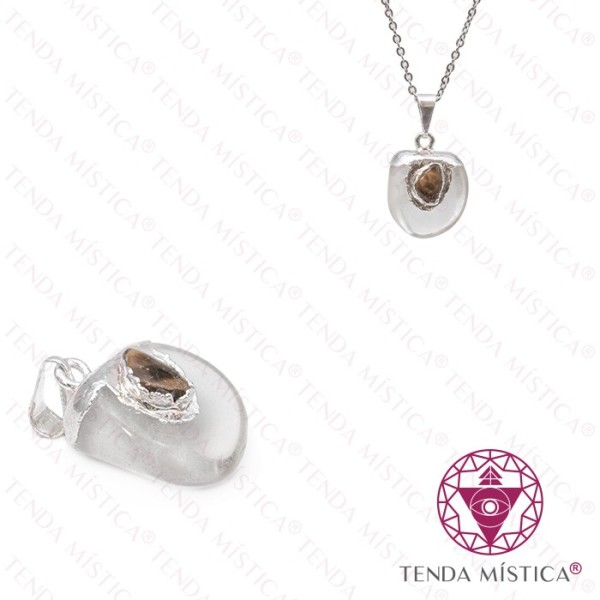 Pendente Quartzo Cristal e Olho Tigre Topo Prata