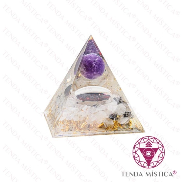 Orgonite Pirâmide - Galáxia Olho de Tigre Bola Ametista 6X6