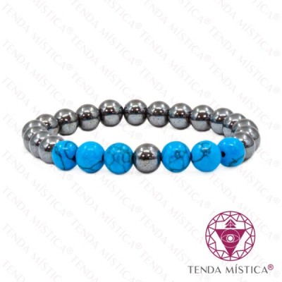PULSEIRA HEMATITE E HOWLITE TURQUESA 8MM