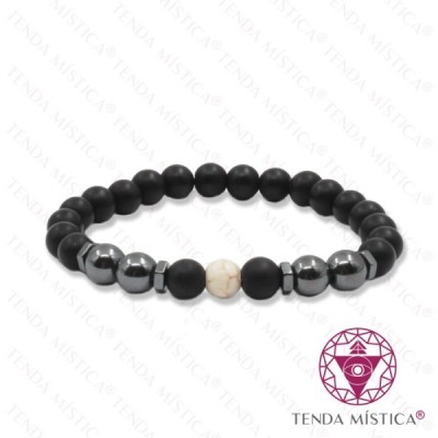 PULSEIRA ONIX MAT C/  HEMATITE HOWLITA BRANCA 8MM