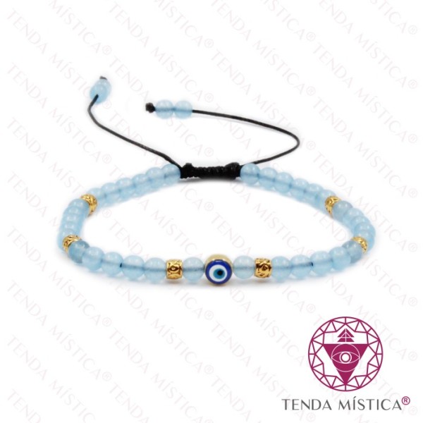 Pulseira Água Marinha + Olho Turco Ajustável 4mm